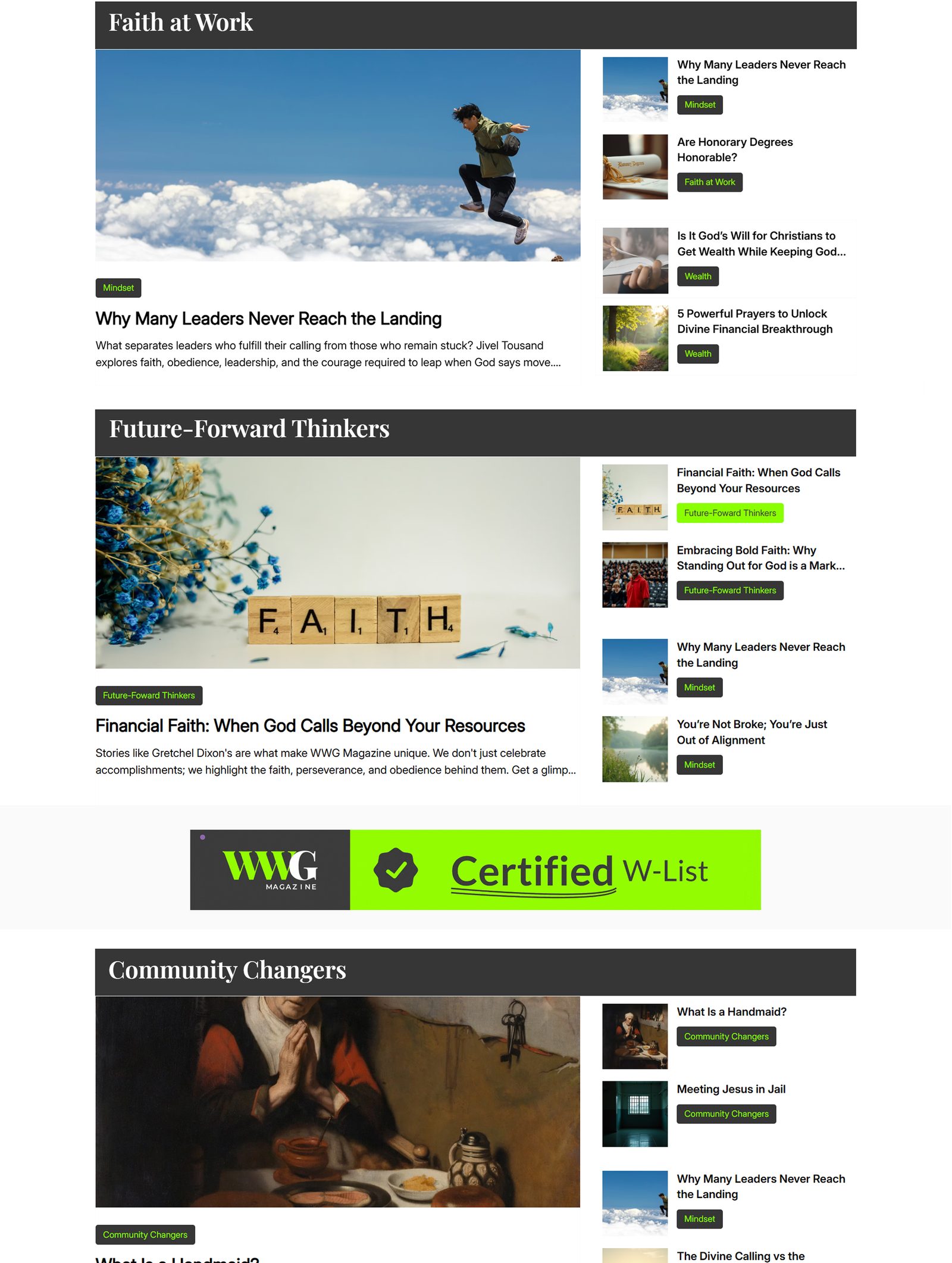 The full WWG Magazine homepage, Faith at Work, Future-Forward Thinkers, Community Changers, Faith Family and Health, and Creators and Entertainers, each block leading with one story above a stacked list of related articles, interleaved with the Games and Quizzes and Spotlight promo bands